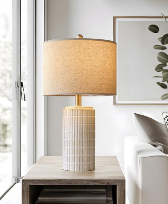 PoKat 23'' Bedside Table Lamp for Bedroom Nightstand - Ceramic Lamp for Living Room, White Night Stand Light Lamp with Round Linen Shade, Modern Bedroom Lamp Beige