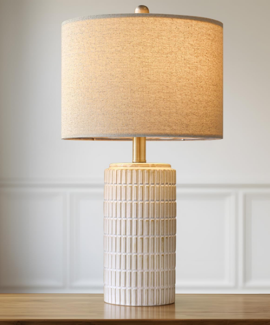 PoKat 23'' Bedside Table Lamp for Bedroom Nightstand - Ceramic Lamp for Living Room, White Night Stand Light Lamp with Round Linen Shade, Modern Bedroom Lamp Beige