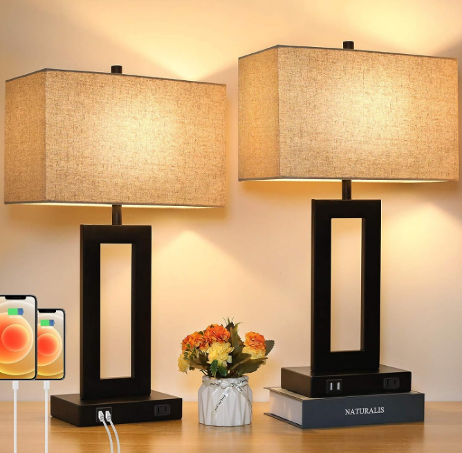 Set of 2 Touch Control Table Lamp with 2 USB Ports, 3-Way Dimmable Modern Nightstand Lamp Sets Bedside Touch Desk Lamp with Fabric Cream Shade For Bedroom Table Living Room Reading, Included Bulbs