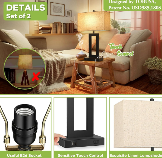Set of 2 Touch Control Table Lamp with 2 USB Ports, 3-Way Dimmable Modern Nightstand Lamp Sets Bedside Touch Desk Lamp with Fabric Cream Shade For Bedroom Table Living Room Reading, Included Bulbs