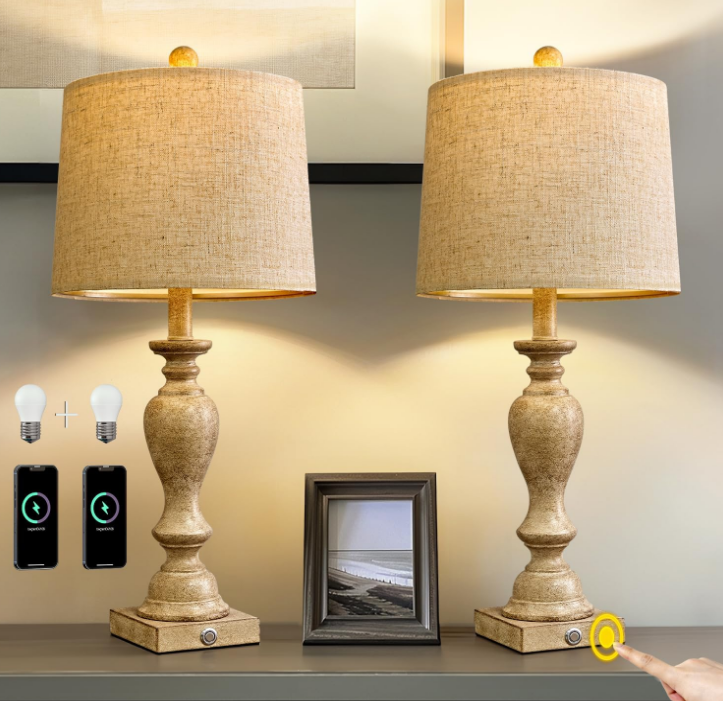 25.75" Farmhouse 3-Way Dimmable Table Lamp Set of 2 Rustic Touch Control Bedside Nightstand Lamps with USB A+C Charging Ports for Bedroom Desk Lamps for Living Room