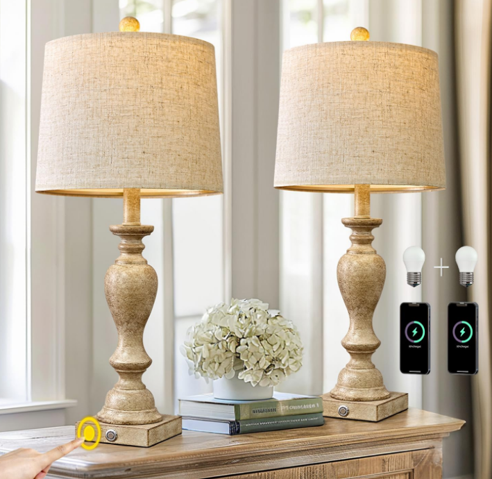 25.75" Farmhouse 3-Way Dimmable Table Lamp Set of 2 Rustic Touch Control Bedside Nightstand Lamps with USB A+C Charging Ports for Bedroom Desk Lamps for Living Room