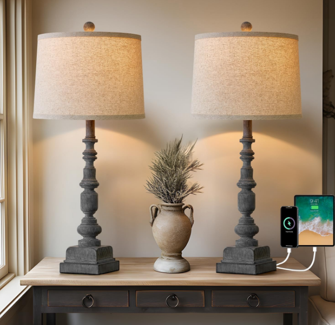 27.75" Vintage Farmhouse USB A+C Table Lamps Set of 2 for Living Room Traditional Bedside Lamps for Bedroom Office Mid Century Table Lamp Antique Grey Accent Rustic Lamps for End Table