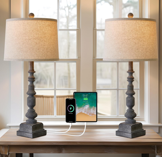 27.75" Vintage Farmhouse USB A+C Table Lamps Set of 2 for Living Room Traditional Bedside Lamps for Bedroom Office Mid Century Table Lamp Antique Grey Accent Rustic Lamps for End Table
