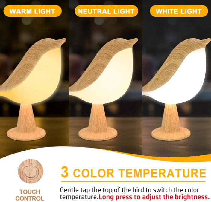Small Desk Lamp, Bird Lamp Bedside Lamps with 3 Color Temperature and Touch Sensor,Cordless Lamp Kids Night Light with Rechargeable Battery for Bedroom Nightstand Bedside Table