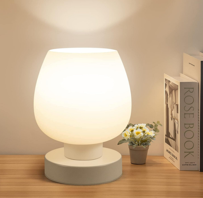 Touch Bedside Table Lamp - Modern Small Lamp for Bedroom Living Room Nightstand, Desk lamp with White Opal Glass Lamp Shade, Warm LED Bulb, 3 Way Dimmable, Simple Design Mother's Day Gifts