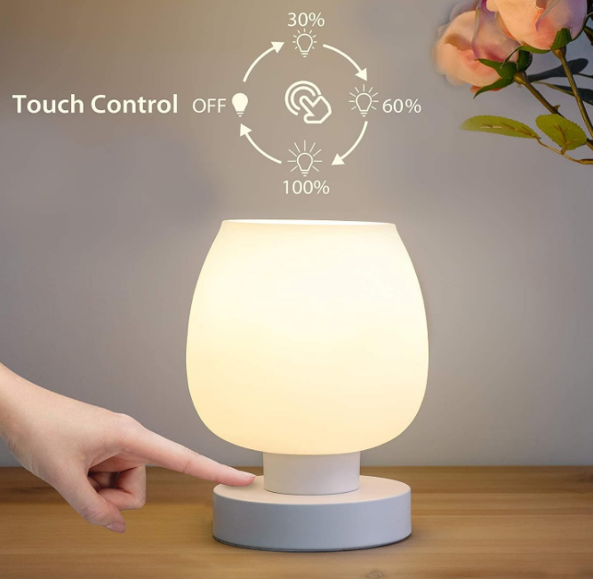 Touch Bedside Table Lamp - Modern Small Lamp for Bedroom Living Room Nightstand, Desk lamp with White Opal Glass Lamp Shade, Warm LED Bulb, 3 Way Dimmable, Simple Design Mother's Day Gifts