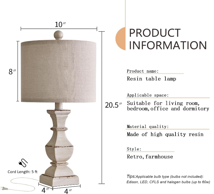 20.5" Farmhouse Table Lamp, Vintage Bedside Lamps for Bedroom, Rustic Small End Table Lamps for Living Room, Traditional Nightstand Desk Lamps Distressed Washed White, Suitable for Small Place