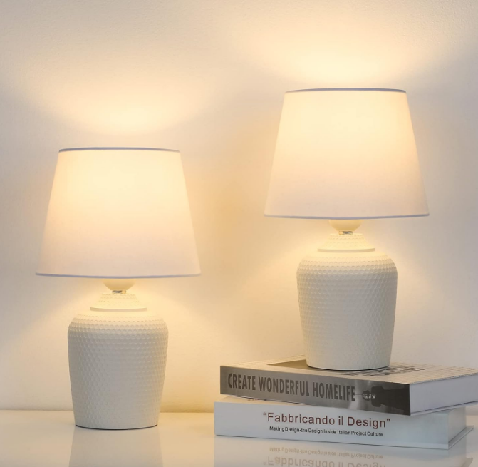 Small Table Lamps Set of 2, Bedside Nightstand Lamps for Bedroom Kid’s Room, Cute Desk Lamps with Studded Texture Base for Reading Nursery Living Room Office, White