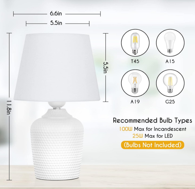 Small Table Lamps Set of 2, Bedside Nightstand Lamps for Bedroom Kid’s Room, Cute Desk Lamps with Studded Texture Base for Reading Nursery Living Room Office, White