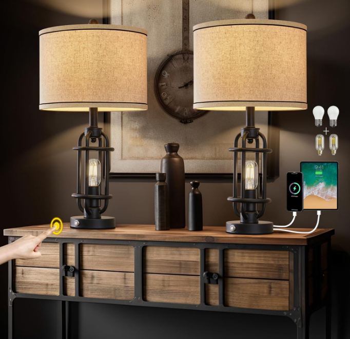 Black Metal Table Lamps Living Room 23.75'' Lamp for Nightstand Set of 2 Bedside End Lamp Home Decor Touch Lamp Modern Lamps with USB Ports