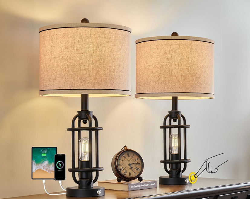 Black Metal Table Lamps Living Room 23.75'' Lamp for Nightstand Set of 2 Bedside End Lamp Home Decor Touch Lamp Modern Lamps with USB Ports