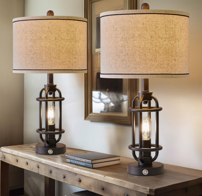 Black Metal Table Lamps Living Room 23.75'' Lamp for Nightstand Set of 2 Bedside End Lamp Home Decor Touch Lamp Modern Lamps with USB Ports