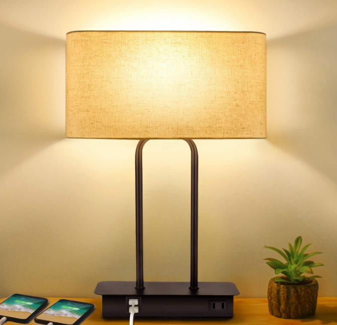 3-Way Dimmable Touch Control Table Lamp with 2 USB Ports and AC Power Outlet Modern Bedside Nightstand Lamp Fabric Shade and Metal Base for Guestroom Bedroom Living Room LED Bulb Included Warm White