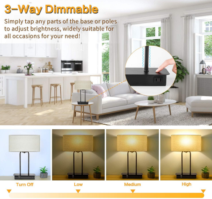 3-Way Dimmable Touch Control Table Lamp with 2 USB Ports and AC Power Outlet Modern Bedside Nightstand Lamp Fabric Shade and Metal Base for Guestroom Bedroom Living Room LED Bulb Included Warm White