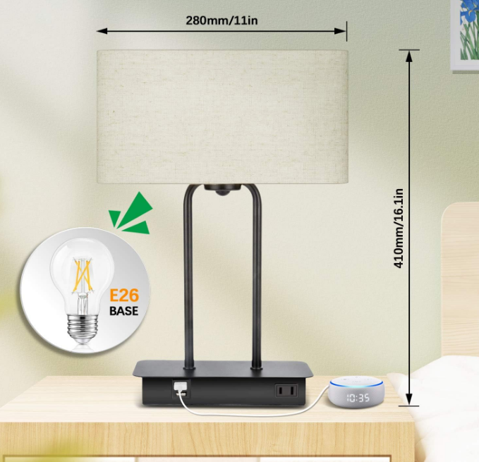 3-Way Dimmable Touch Control Table Lamp with 2 USB Ports and AC Power Outlet Modern Bedside Nightstand Lamp Fabric Shade and Metal Base for Guestroom Bedroom Living Room LED Bulb Included Warm White