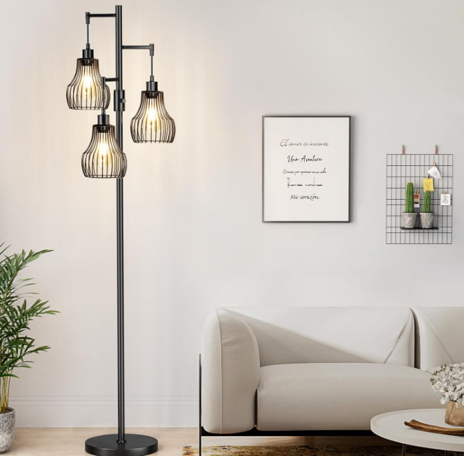 Dimmable Floor Lamp, 3 x 800LM LED Edison Bulbs Included, Farmhouse Industrial Floor Lamp Standing Tree Lamp with Elegant Cage Tall Lamps for Living Room Bedroom Office - Black