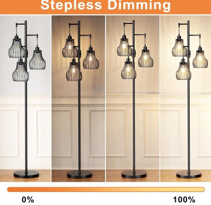 Dimmable Floor Lamp, 3 x 800LM LED Edison Bulbs Included, Farmhouse Industrial Floor Lamp Standing Tree Lamp with Elegant Cage Tall Lamps for Living Room Bedroom Office - Black