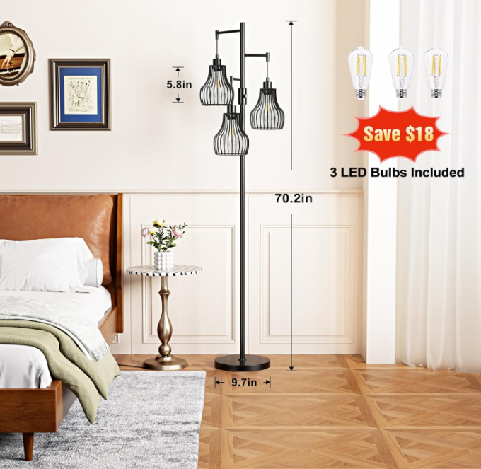 Dimmable Floor Lamp, 3 x 800LM LED Edison Bulbs Included, Farmhouse Industrial Floor Lamp Standing Tree Lamp with Elegant Cage Tall Lamps for Living Room Bedroom Office - Black