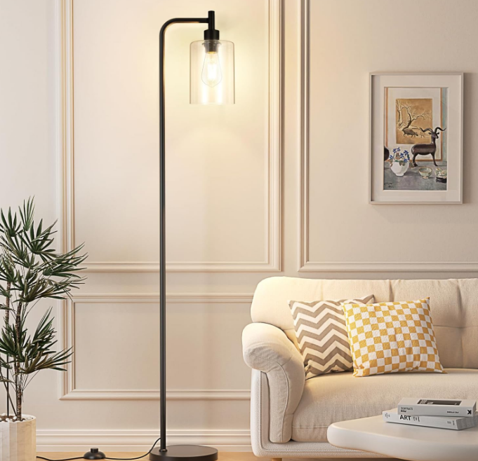 Industrial Floor Lamp with Glass Shade - Black, LED Bulbs, Foot Pedal Switch, Easy Assembly