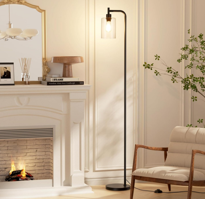 Industrial Floor Lamp with Glass Shade - Black, LED Bulbs, Foot Pedal Switch, Easy Assembly