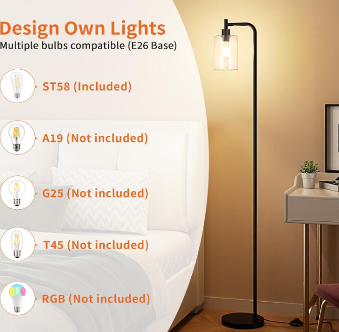Industrial Floor Lamp with Glass Shade - Black, LED Bulbs, Foot Pedal Switch, Easy Assembly