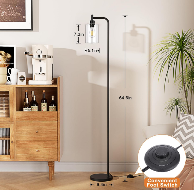 Industrial Floor Lamp with Glass Shade - Black, LED Bulbs, Foot Pedal Switch, Easy Assembly