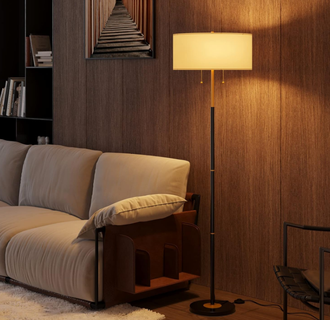 2-Light Floor Lamp, Mid Century Floor Lamp with White Fabric Shade, Standing Lamp Tall Lamp for Living Room Bedroom, 3 Color Temperatures 9W Bulb Include