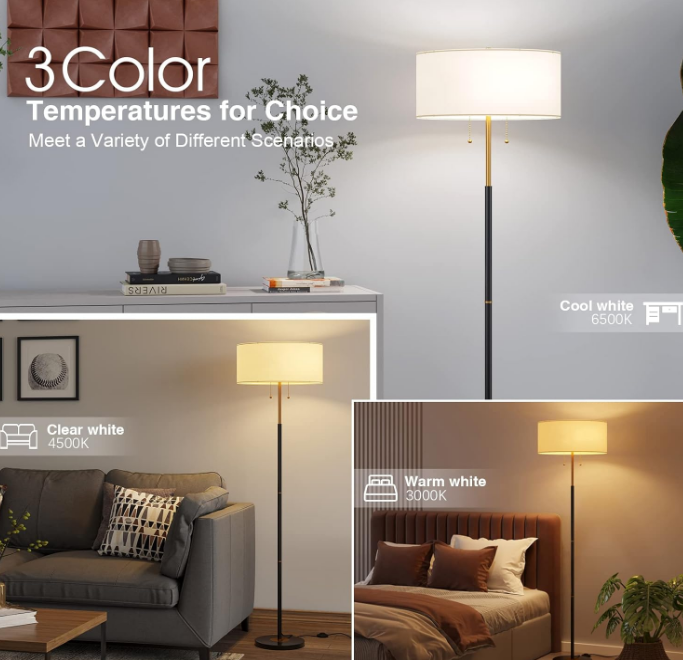 2-Light Floor Lamp, Mid Century Floor Lamp with White Fabric Shade, Standing Lamp Tall Lamp for Living Room Bedroom, 3 Color Temperatures 9W Bulb Include