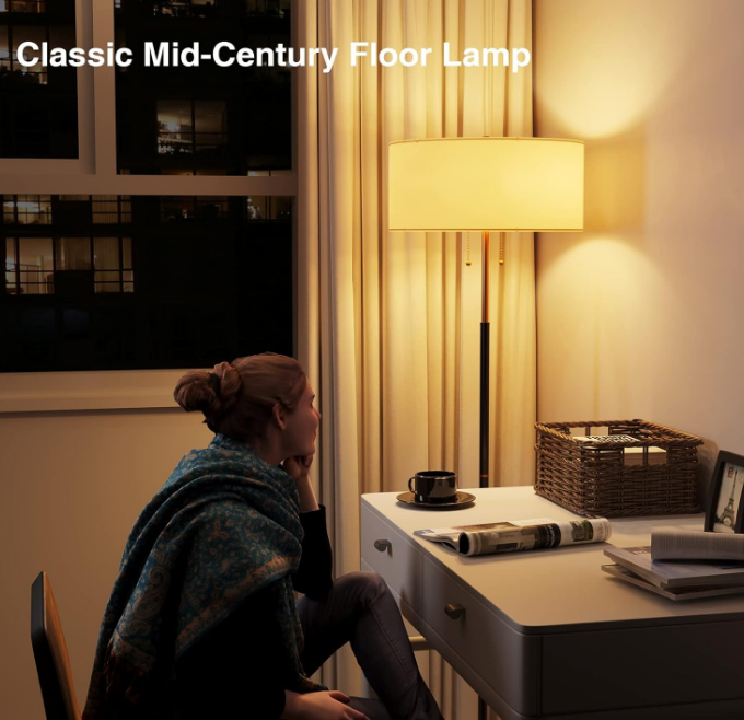 2-Light Floor Lamp, Mid Century Floor Lamp with White Fabric Shade, Standing Lamp Tall Lamp for Living Room Bedroom, 3 Color Temperatures 9W Bulb Include