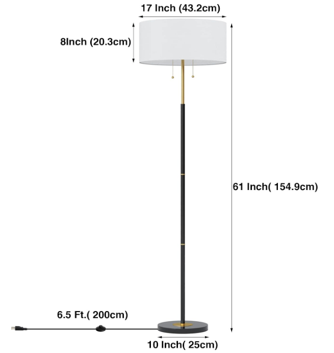 2-Light Floor Lamp, Mid Century Floor Lamp with White Fabric Shade, Standing Lamp Tall Lamp for Living Room Bedroom, 3 Color Temperatures 9W Bulb Include
