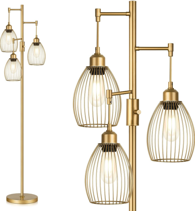 Dimmable Industrial Floor Lamps for Living Room, Gold Tree Standing Tall Lamps with 3 Elegant Teardrop Cage Head & 800 Lumens LED Bulbs for Bedroom Office