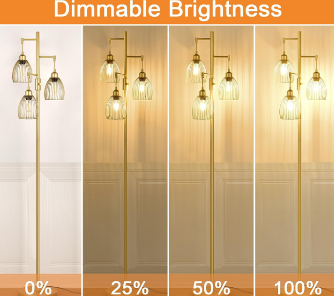 Dimmable Industrial Floor Lamps for Living Room, Gold Tree Standing Tall Lamps with 3 Elegant Teardrop Cage Head & 800 Lumens LED Bulbs for Bedroom Office
