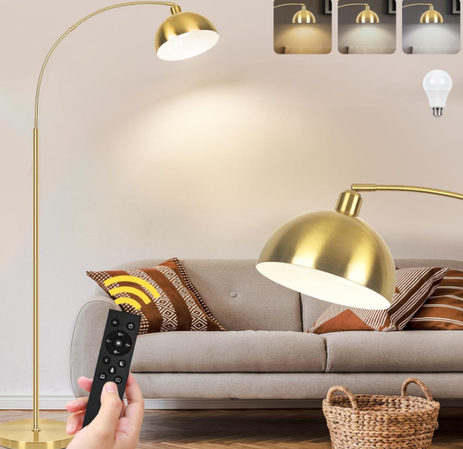Arc Floor Lamps for Living Room - Stepless Dimmable Gold Tall Lamp with Remote Control & Color Temperature 9W LED Bulb, Over Couch Arched Reading Standing Lamp for Bedroom Brass