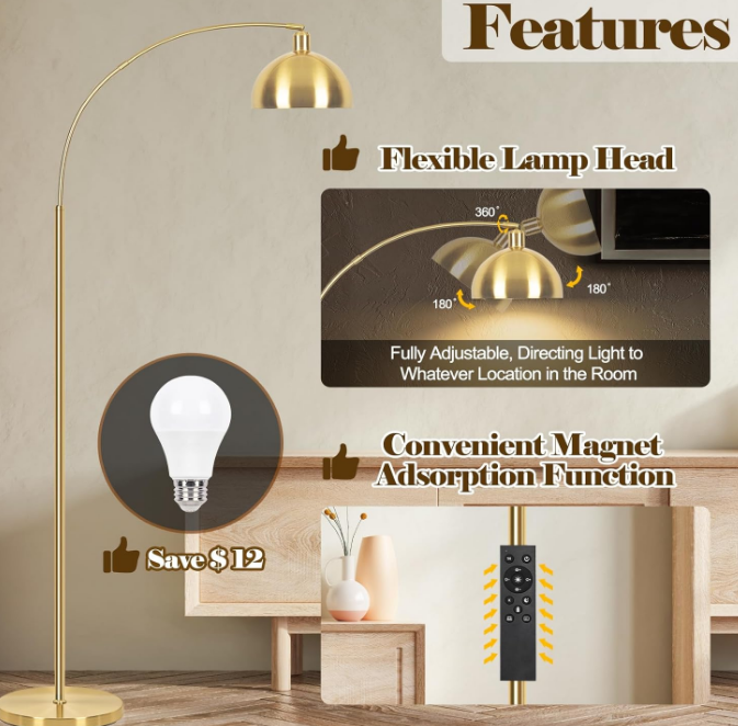 Arc Floor Lamps for Living Room - Stepless Dimmable Gold Tall Lamp with Remote Control & Color Temperature 9W LED Bulb, Over Couch Arched Reading Standing Lamp for Bedroom Brass