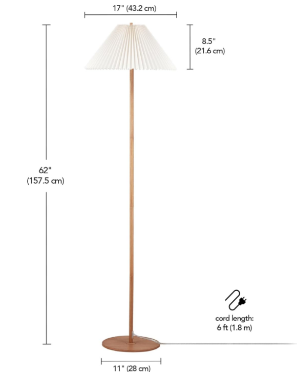 Electric 61000053 62" Floor Lamp, Faux Wood Finish, Pleated Fabric Shade, Flat Base, Pull Chain Switch on Socket, Reading Lamp, Home Office Accessories, Home Décor, Home Improvement