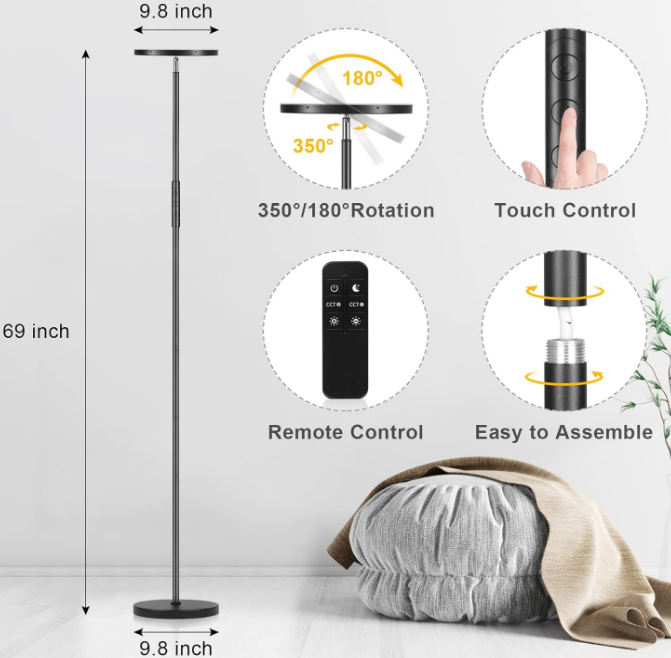 2400LM Super Bright LED Lamps for Living Room 250W Equivalent, Tall Standing Lamp with Remote/Touch Control, Torchiere Bedroom Lamp with 2700K-6500K Stepless Dimmable for Modern Room Decor