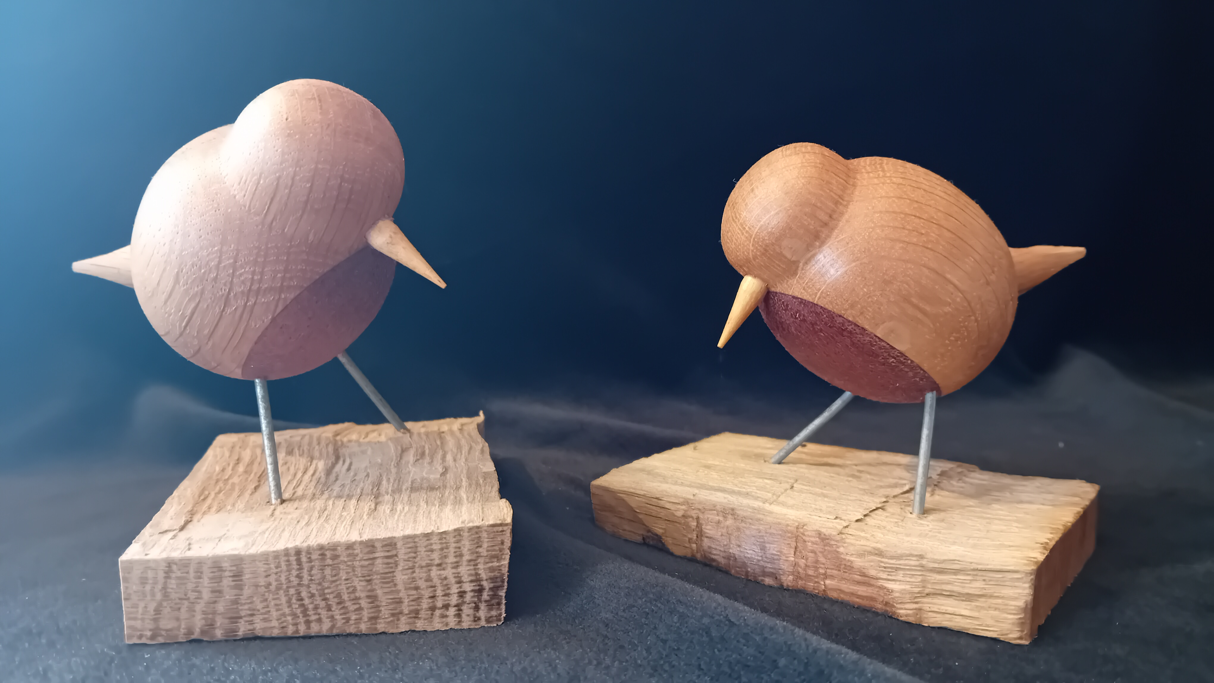 Stylised Wooden Handturned Robins Standing on Blocks