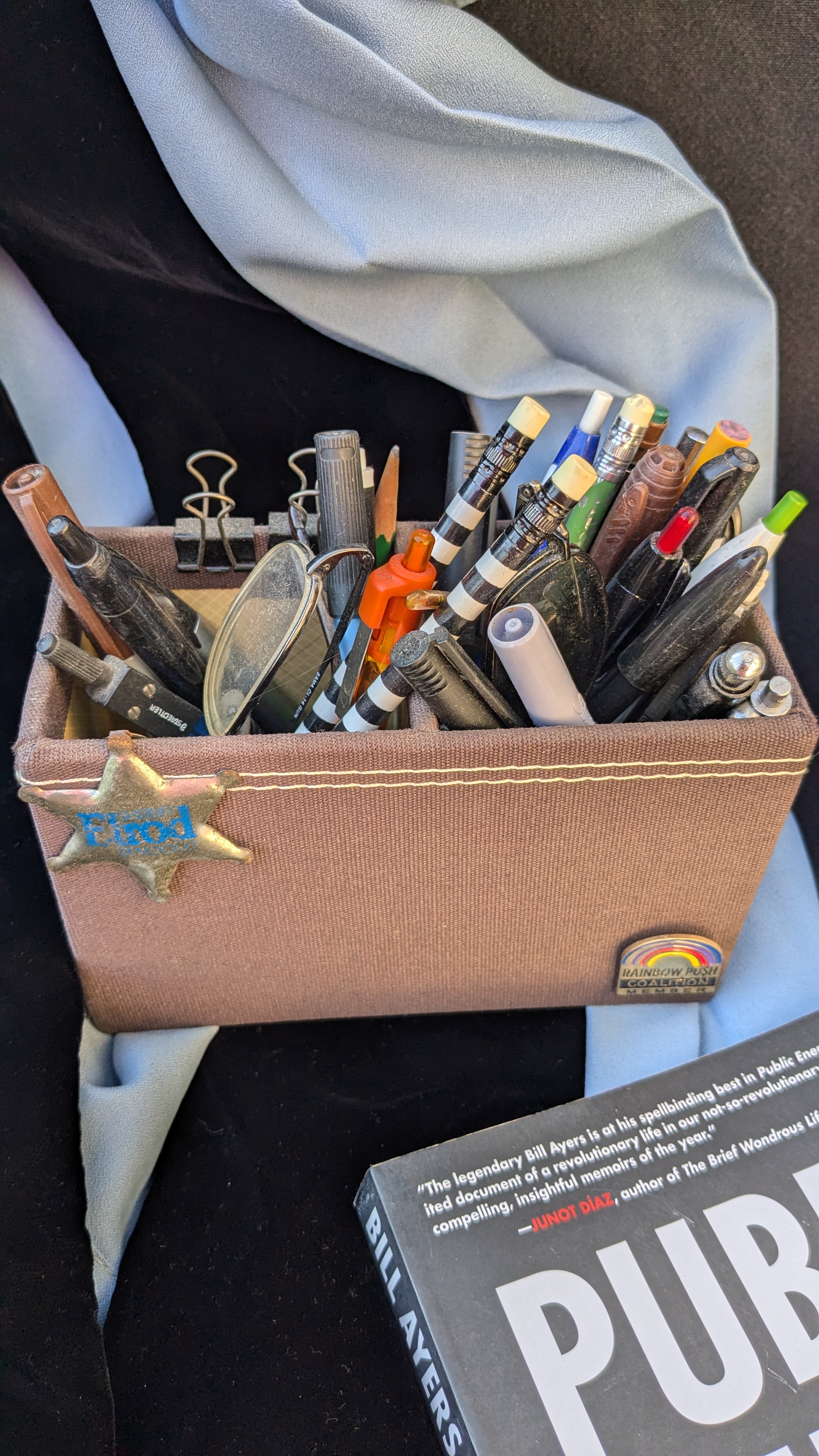 Sheriff Elrod Campaign Badge with Bernardine Dohrn & Bill Ayers’ Desk Pen Holder