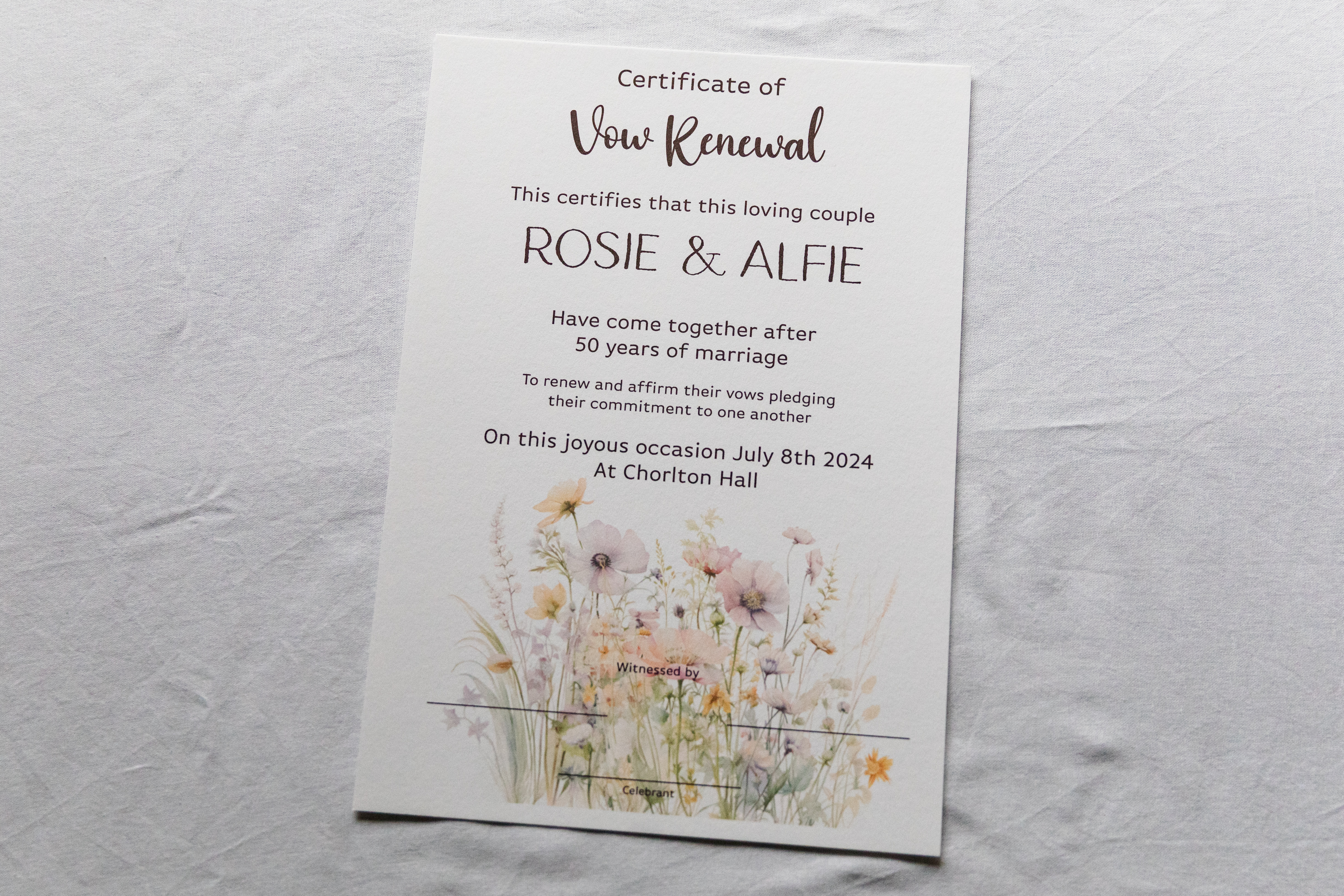 Romantic Wedding Vow Renewal Certificate – Customisable & Timeless