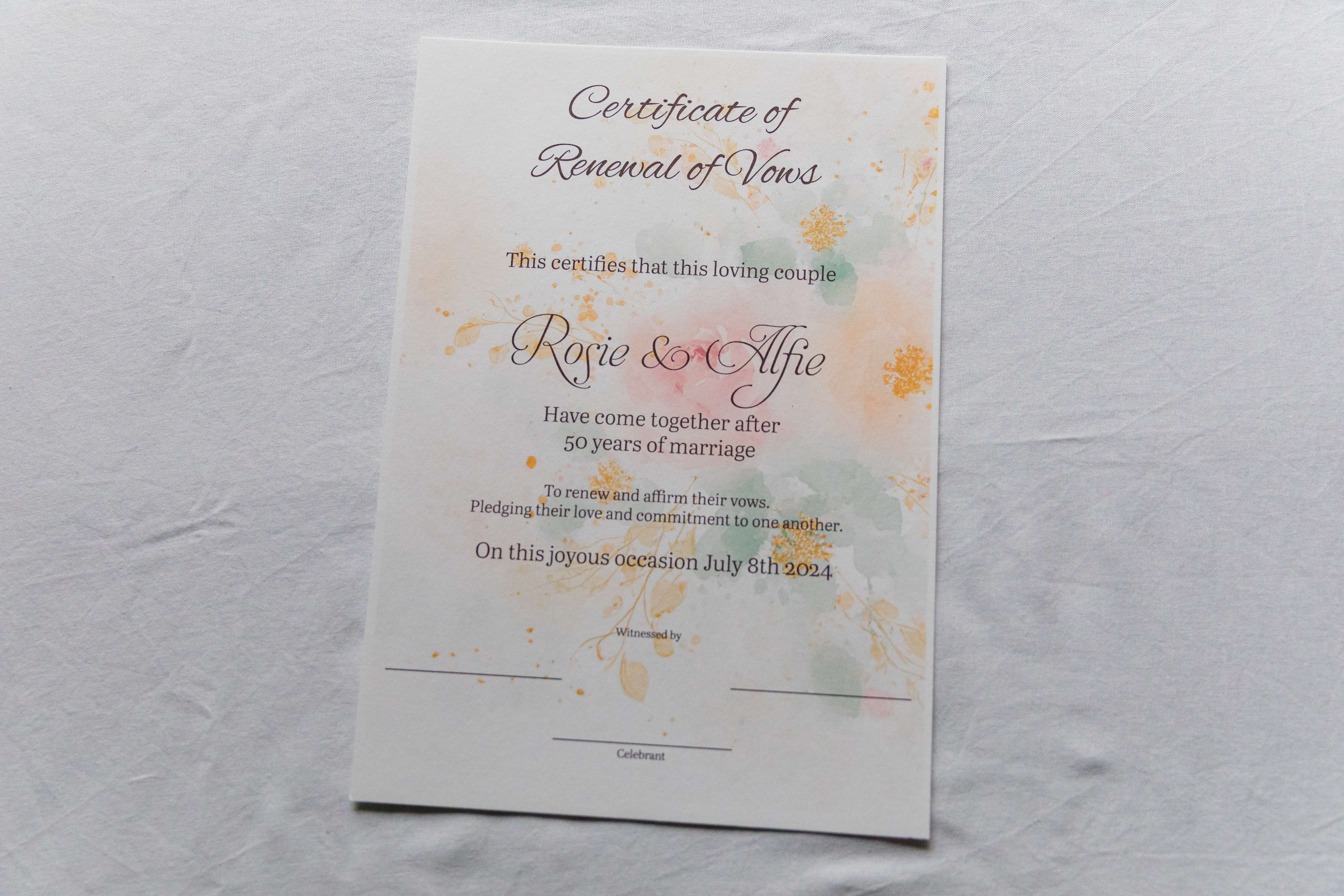 Handmade Wedding Renewal Certificate – Elegant Calligraphy Design
