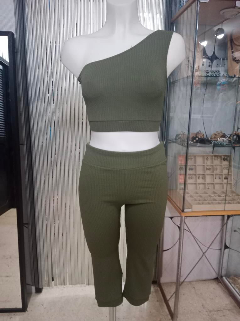 Green One-Shoulder Top and Pants Set