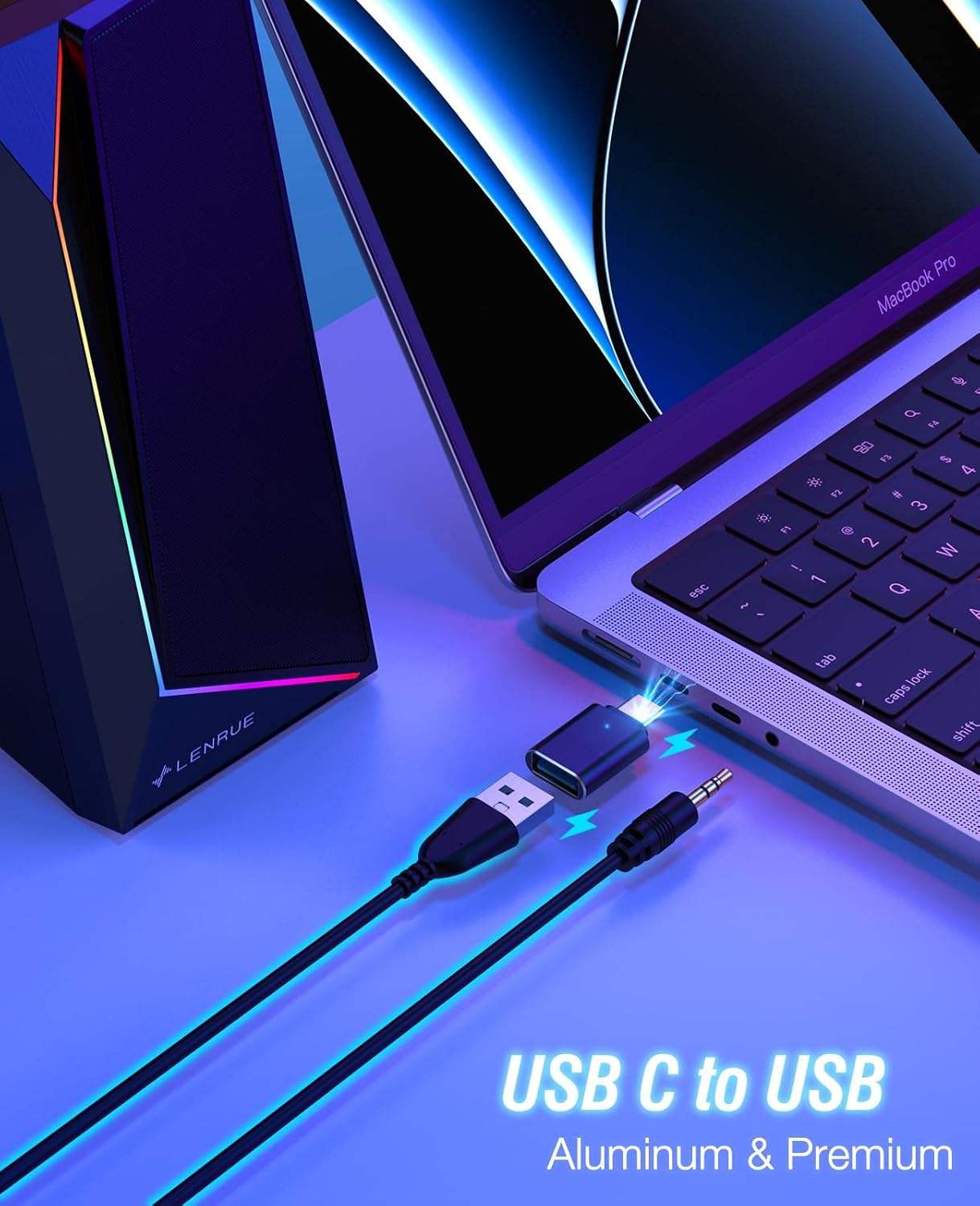 LENRUE Haut-parleurs d'ordinateur pour moniteur de bureau, alimentation USB/USB-C avec son stéréo puissant, entrée casque pour bureau, iMac, MacBook, ordinateur portable, moniteur (noir)