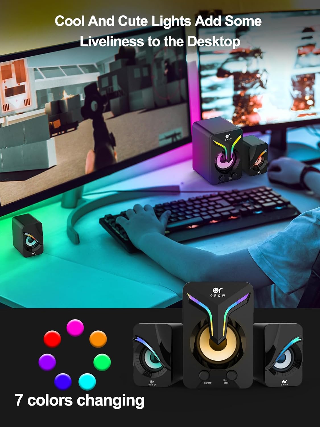 OROW Mini haut-parleurs d'ordinateur avec caisson de basses, haut-parleur de bureau 2.1 avec lumières RVB, alimentation USB, son stéréo, haut-parleur de jeu avec câble auxiliaire de 3,5 mm pour écran