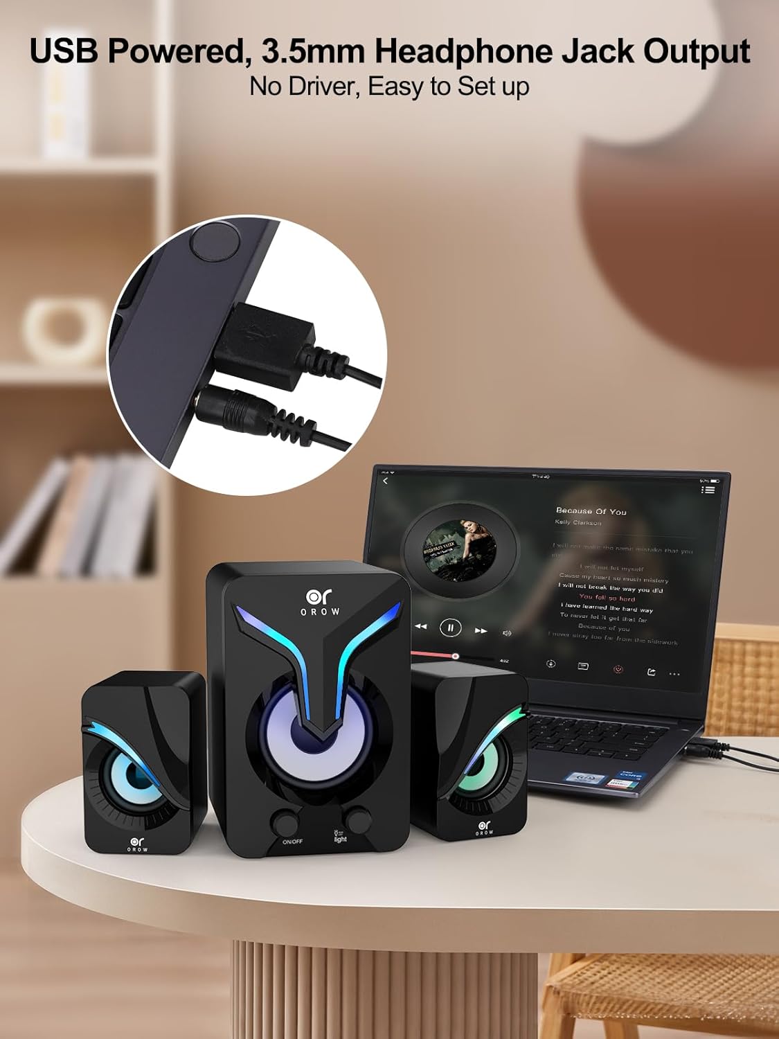 OROW Mini haut-parleurs d'ordinateur avec caisson de basses, haut-parleur de bureau 2.1 avec lumières RVB, alimentation USB, son stéréo, haut-parleur de jeu avec câble auxiliaire de 3,5 mm pour écran