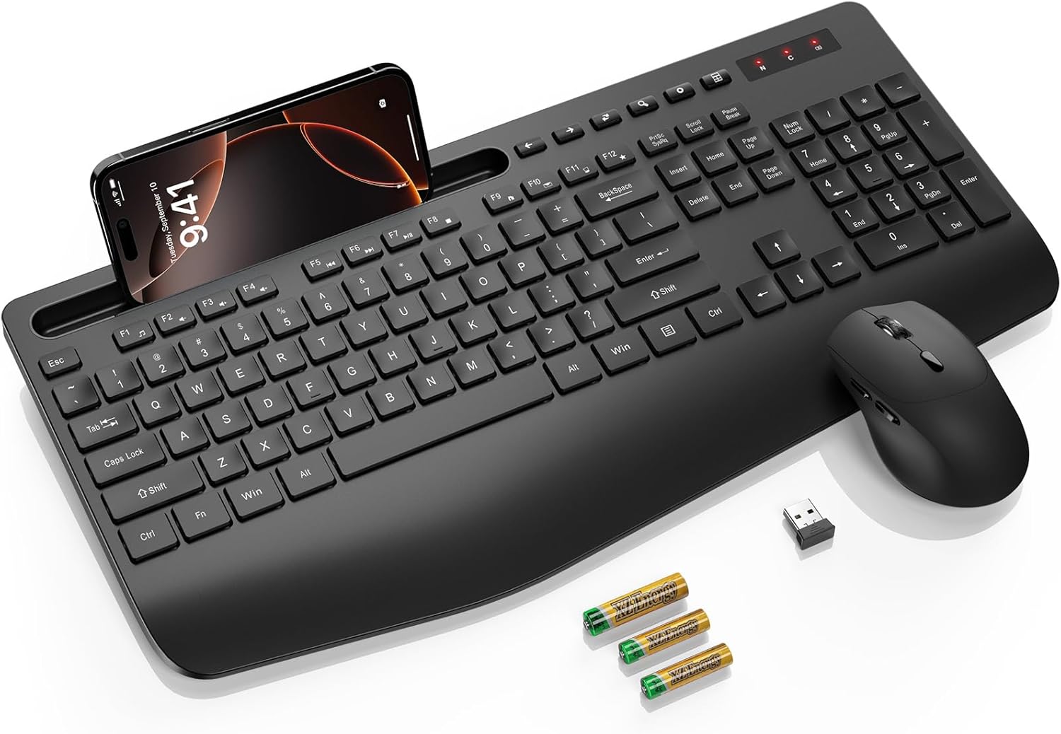 Clavier et souris sans fil, repose-poignet ergonomique, support de téléphone, clavier sans décalage 2,4 G, ensemble silencieux sans fil pour ordinateur, ordinateur portable, PC, Mac, Windows, école