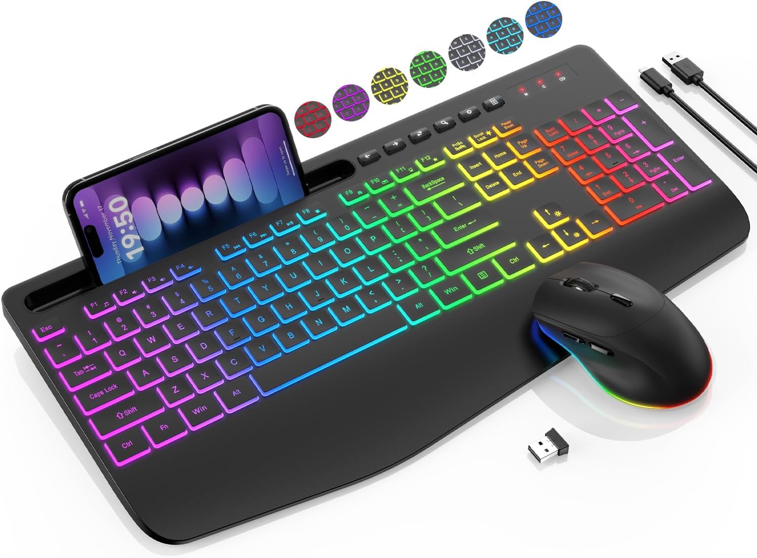 Ensemble clavier et souris sans fil, 9 effets rétroéclairés, repose-poignet, support de téléphone, claviers ergonomiques sans décalage 2,4 G, ensemble sans fil rechargeable et silencieux
