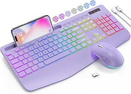 Ensemble clavier et souris sans fil, 9 effets rétroéclairés, repose-poignet, support de téléphone, claviers ergonomiques sans décalage 2,4 G, ensemble sans fil rechargeable et silencieux