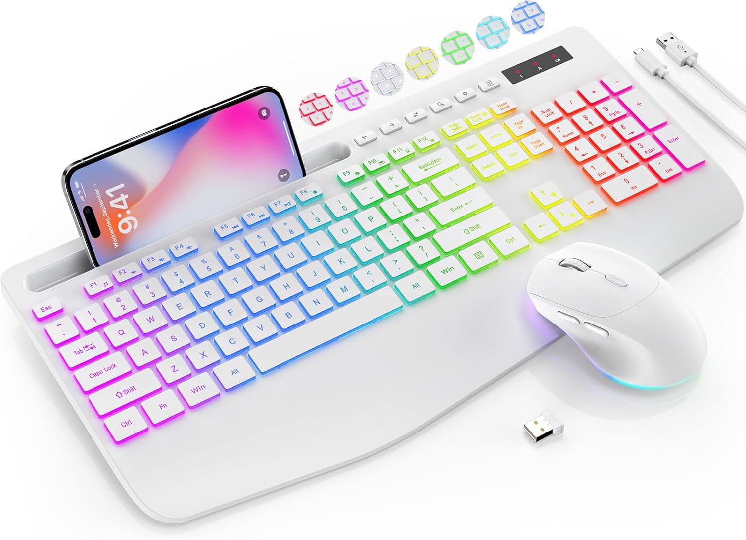 Ensemble clavier et souris sans fil, 9 effets rétroéclairés, repose-poignet, support de téléphone, claviers ergonomiques sans décalage 2,4 G, ensemble sans fil rechargeable et silencieux