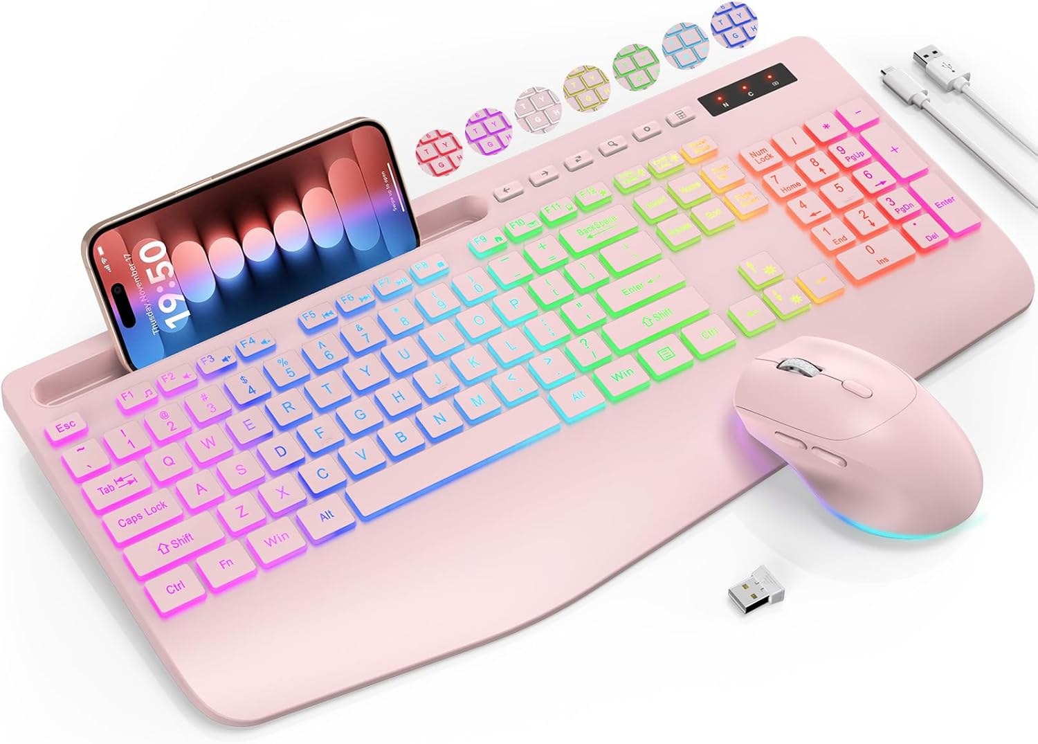 Ensemble clavier et souris sans fil, 9 effets rétroéclairés, repose-poignet, support de téléphone, claviers ergonomiques sans décalage 2,4 G, ensemble sans fil rechargeable et silencieux